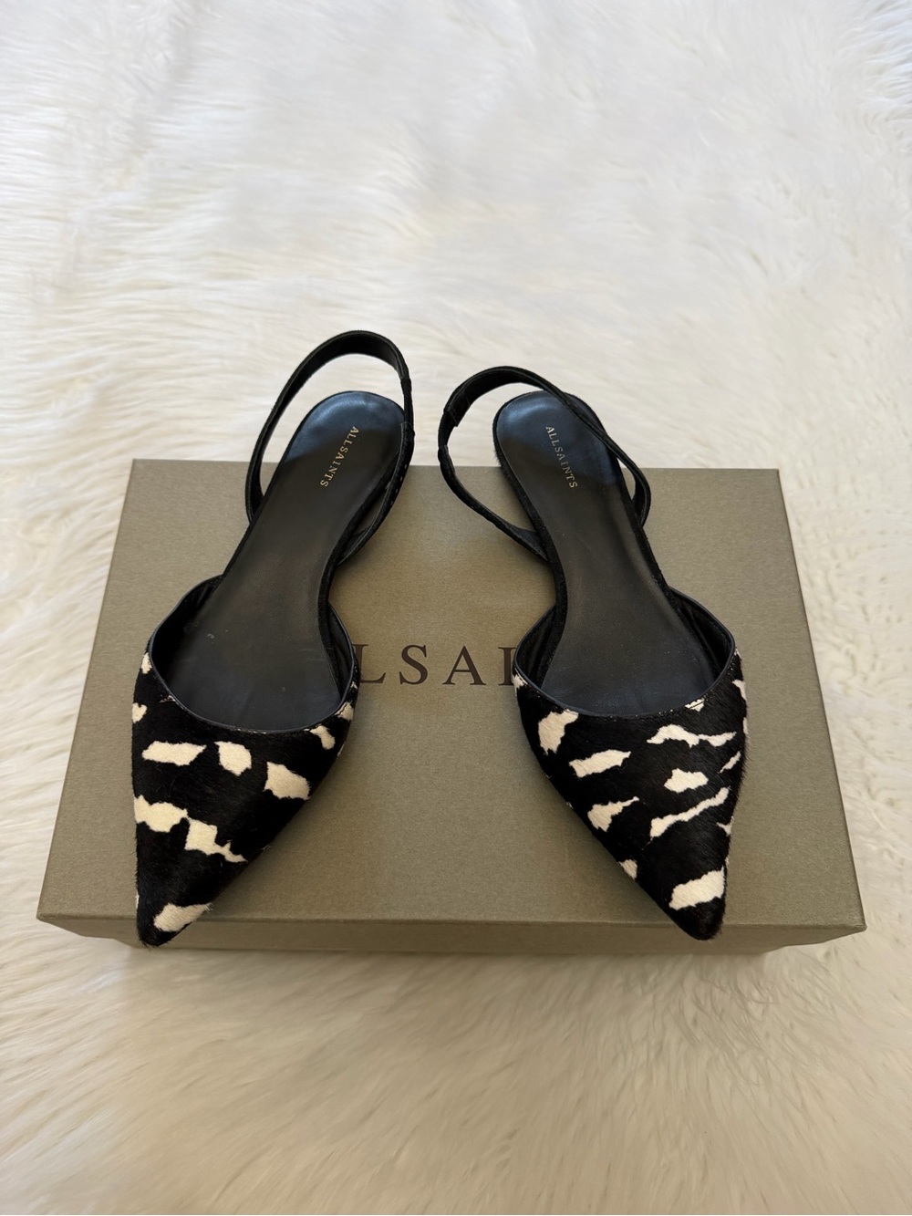 AllSaints Mia Black & White Cow-Print Slingback Pointed Flats Sz 6